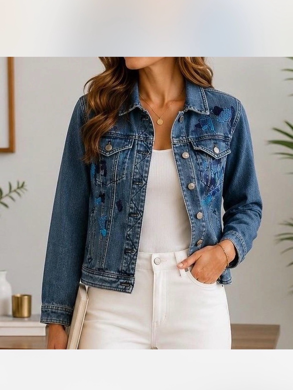 Anthropologie Pilcro Dark Blue Embroidered Denim Jacket